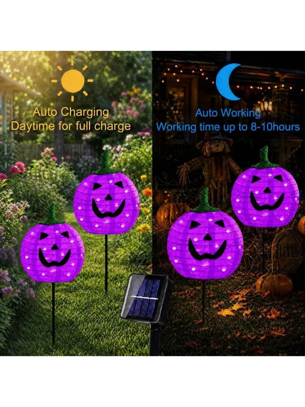 2 Pack Solar Halloween Purple Pumpkin Pathway Stake Lights Outdoor Weather